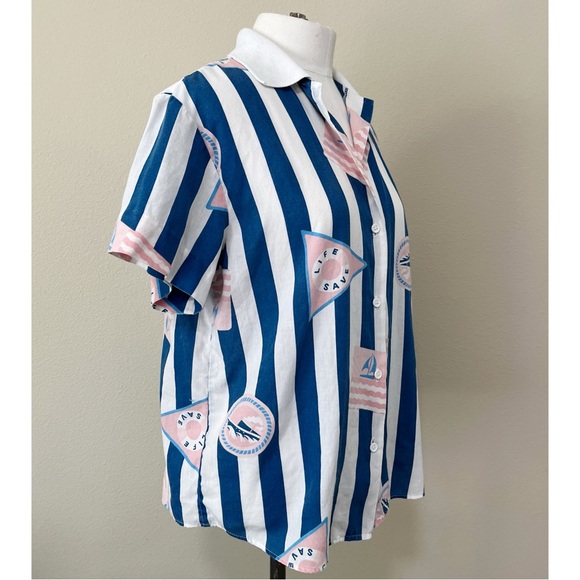 Vintage 90s Retro Russ Petites Size 8 Beach Striped Button Down Shirt Blouse - Picture 3 of 7